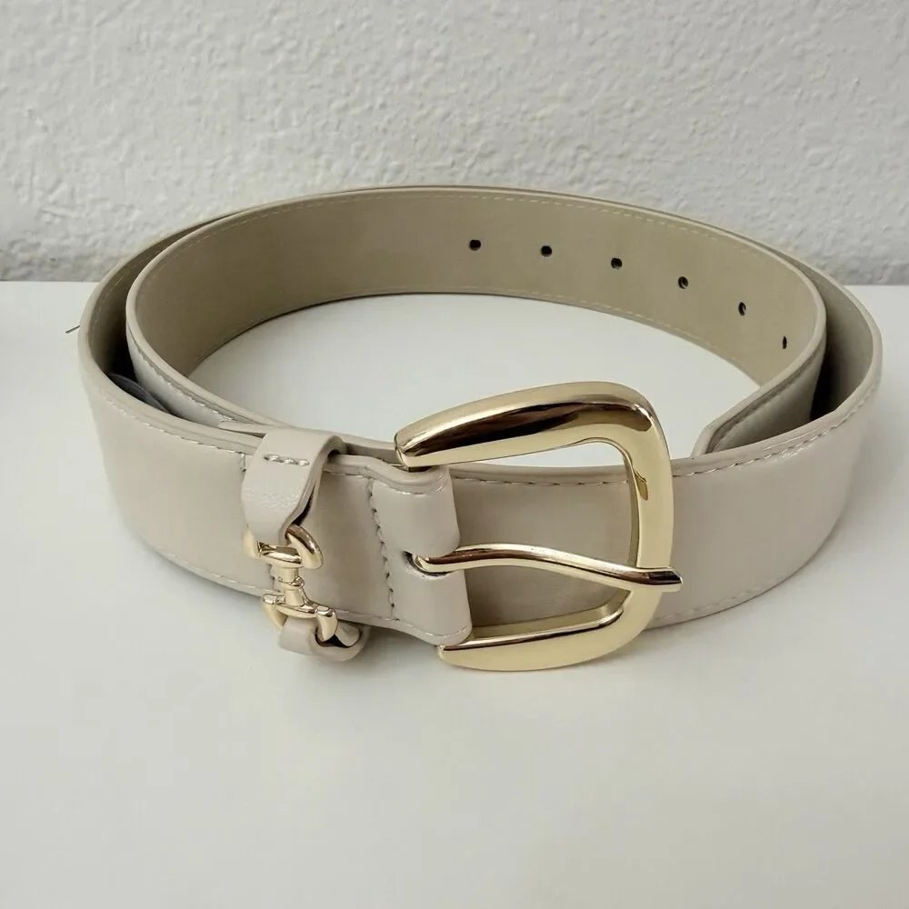 Vince Camuto Belt Women L Beige Faux Leather Gold Buckle Wide Waist Belt